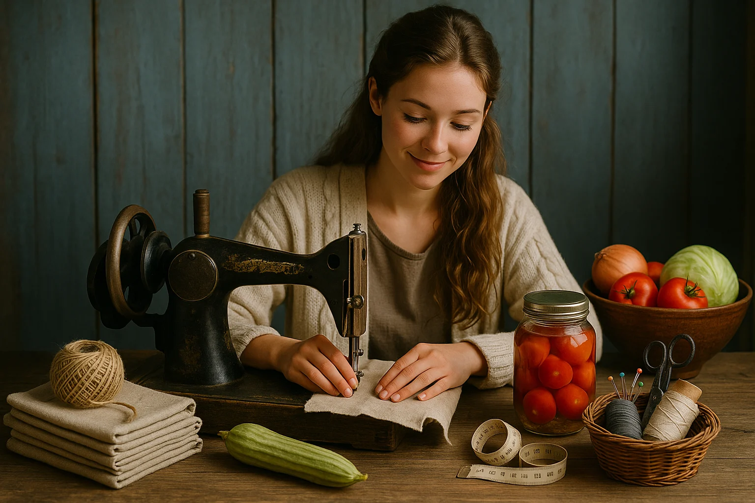 A young woman in a cozy cream cardigan uses a vintage sewing machine on a rustic wooden table, surrounded by folded linen, a jar of preserved tomatoes, fresh vegetables, and sewing tools, all bathed in warm natural light