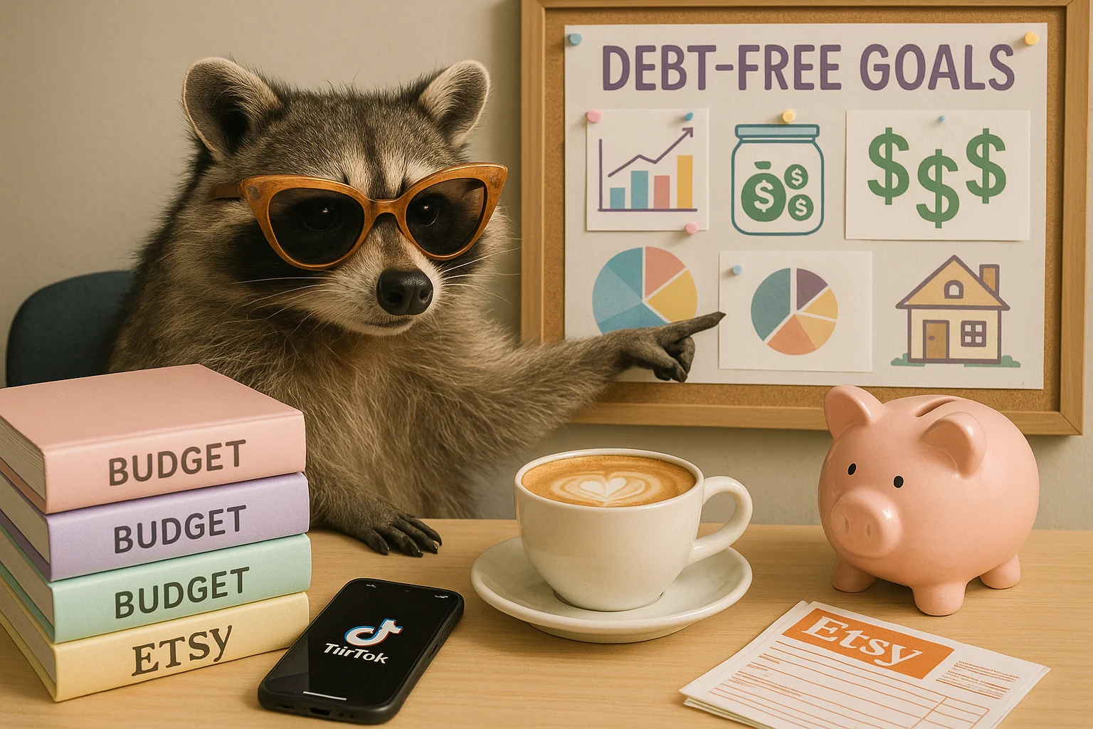 A raccoon wearing vintage sunglasses sits at a modern desk surrounded by budgeting tools, a smartphone showing TikTok, a pastel latte, and a vision board labeled “Debt-Free Goals” — representing Gen Z’s quirky, creative approach to personal finance.