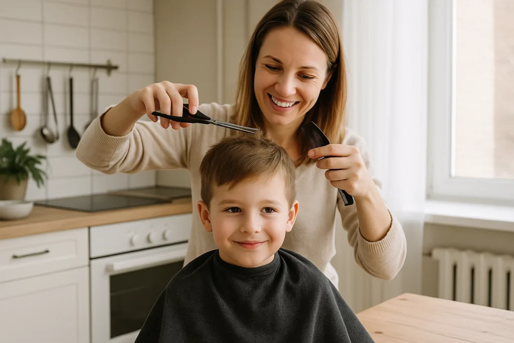 A smiling mother gives her young son a haircut in a bright kitchen, carefully trimming his hair with scissors while he wears a black haircutting cape—capturing a cozy, money-saving family moment
