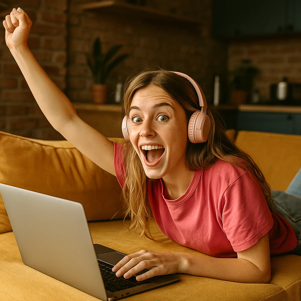 Young woman with a joyful, excited expression sitting at a cluttered desk with a laptop, creating something on-screen in a cozy, lived-in space — symbolizing the moment of turning everyday skills into a digital course