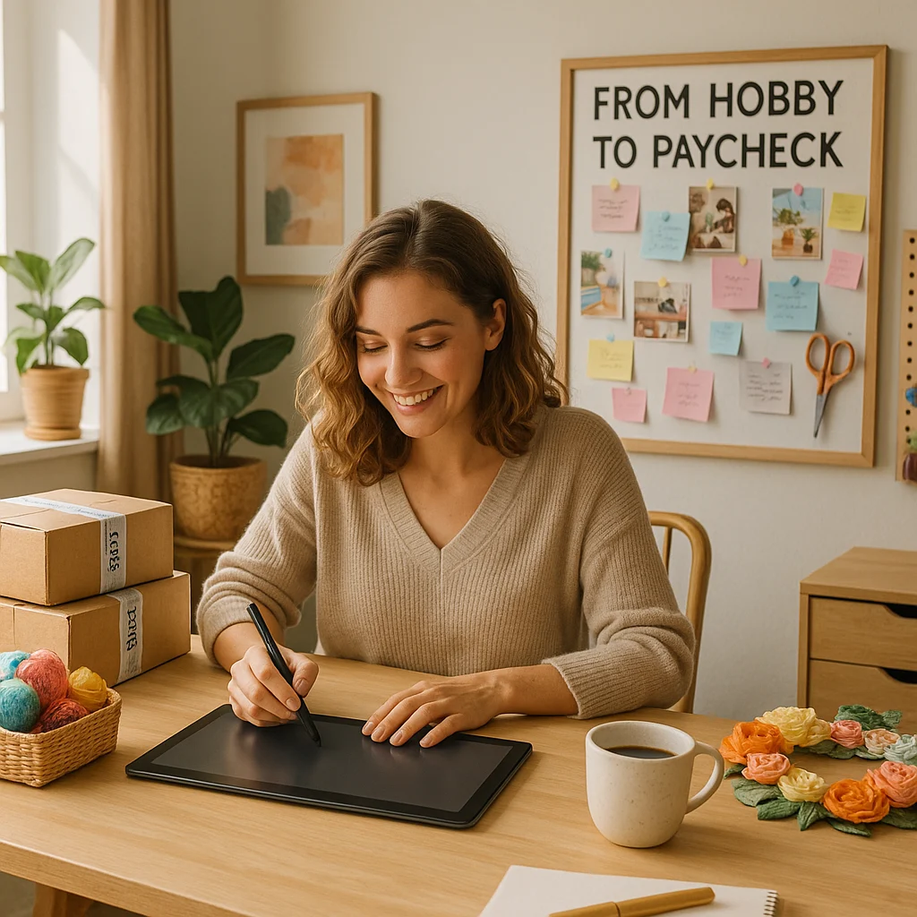 Creative woman working from home, surrounded by crafts, Etsy packages, and a digital tablet, planning her side hustle in a cozy, sunlit workspace — symbolizing hobby-to-income transformation for freelancers and small business starters.