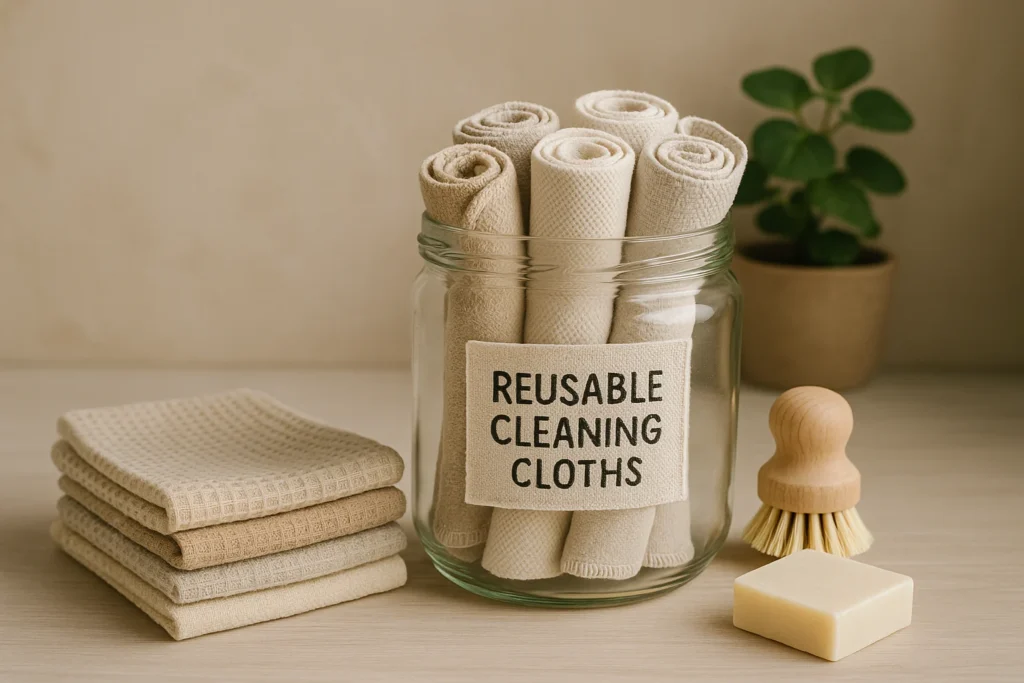 A glass jar labeled 'Reusable Cleaning Cloths' holds rolled beige and cream cloths, surrounded by folded cloths, a wooden dish brush, a bar of natural soap, and a potted plant—emphasizing eco-friendly, sustainable cleaning practices