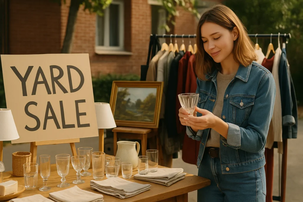 A young woman at a sunny yard sale holds a vintage dessert glass while browsing a table filled with glassware, linens, and home decor, with a large 'YARD SALE' sign and racks of secondhand clothes displayed in front of a brick house