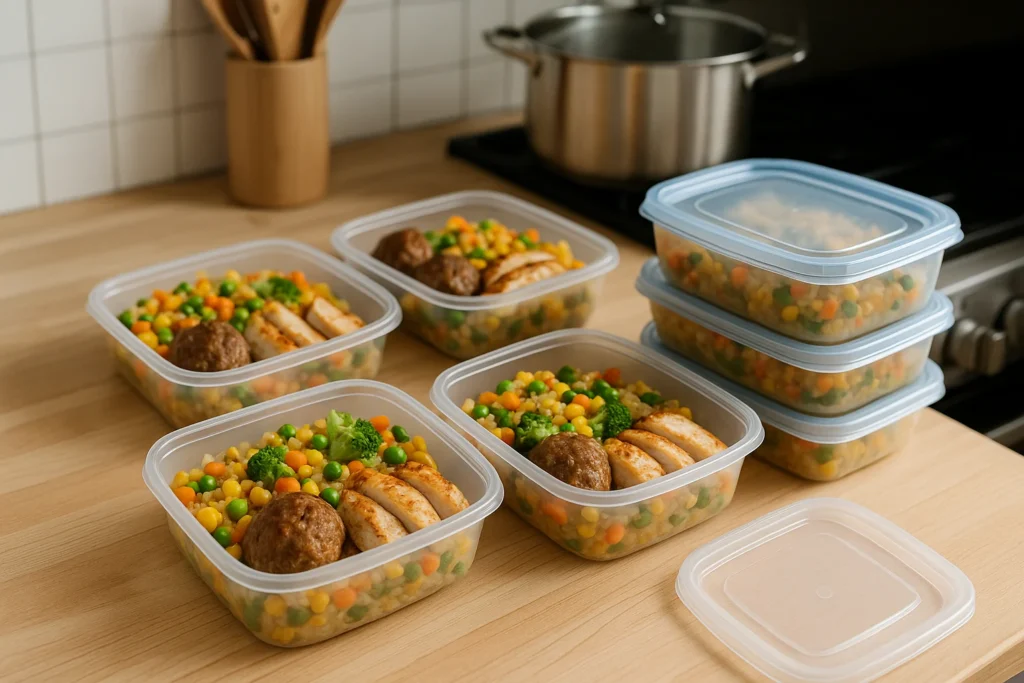 Meal prep setup on a wooden kitchen counter with clear plastic containers filled with rice, vegetables, meatballs, and chicken slices, alongside stacked containers ready for freezing—capturing the essence of efficient bulk cooking
