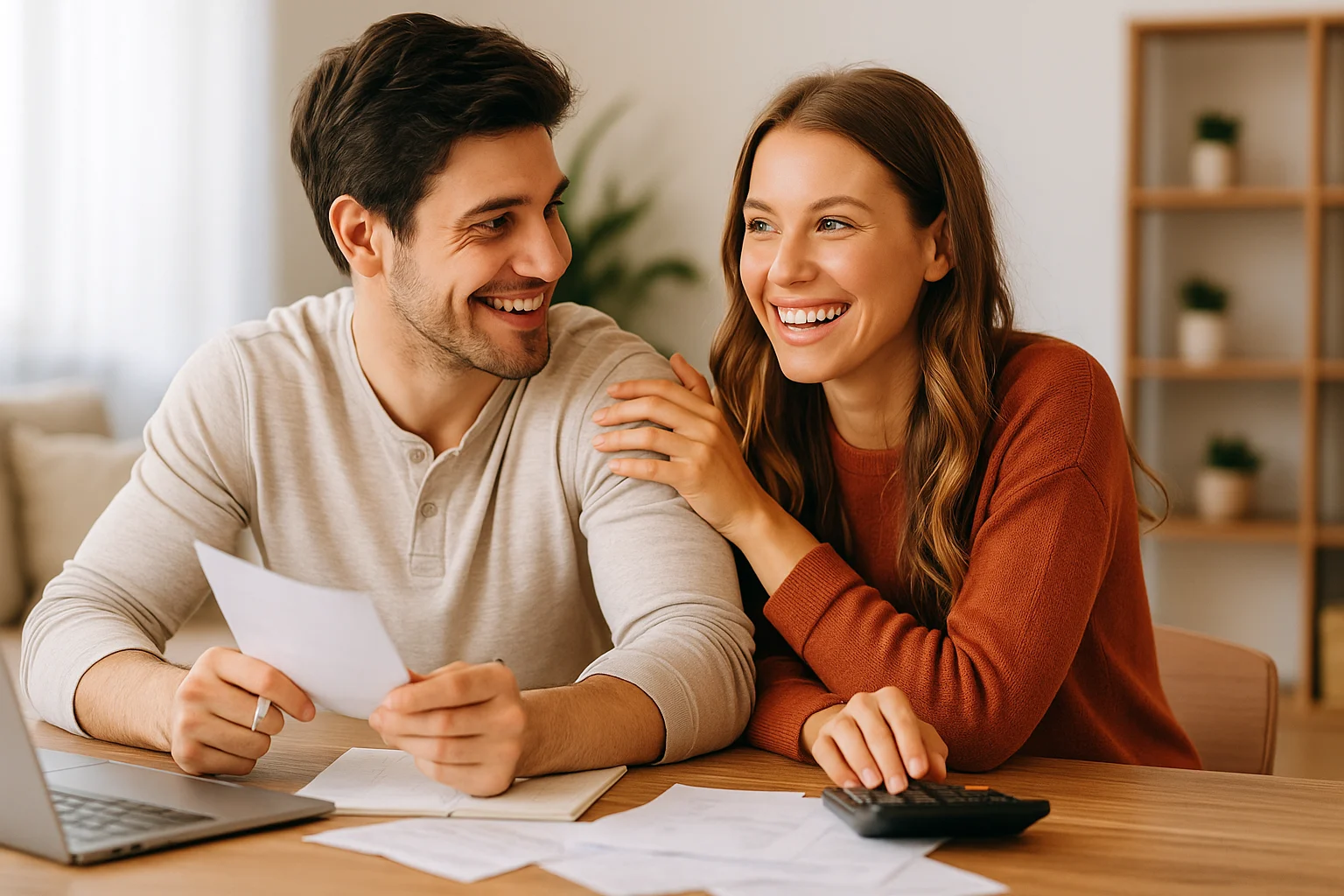 A bright, joyful photo of a young couple with light skin sitting at a wooden table in a sunlit modern living room, smiling at each other while managing their finances with papers, a laptop, and a calculator—radiating teamwork, calm, and financial confidence.