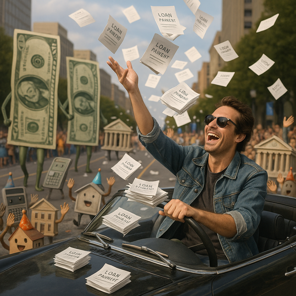 A joyful driver in a convertible tosses stacks of “Loan Payment” papers into the air like confetti during a parade, surrounded by oversized dollar bill floats and cheering cartoon calculators, banks, and houses wearing party hats.