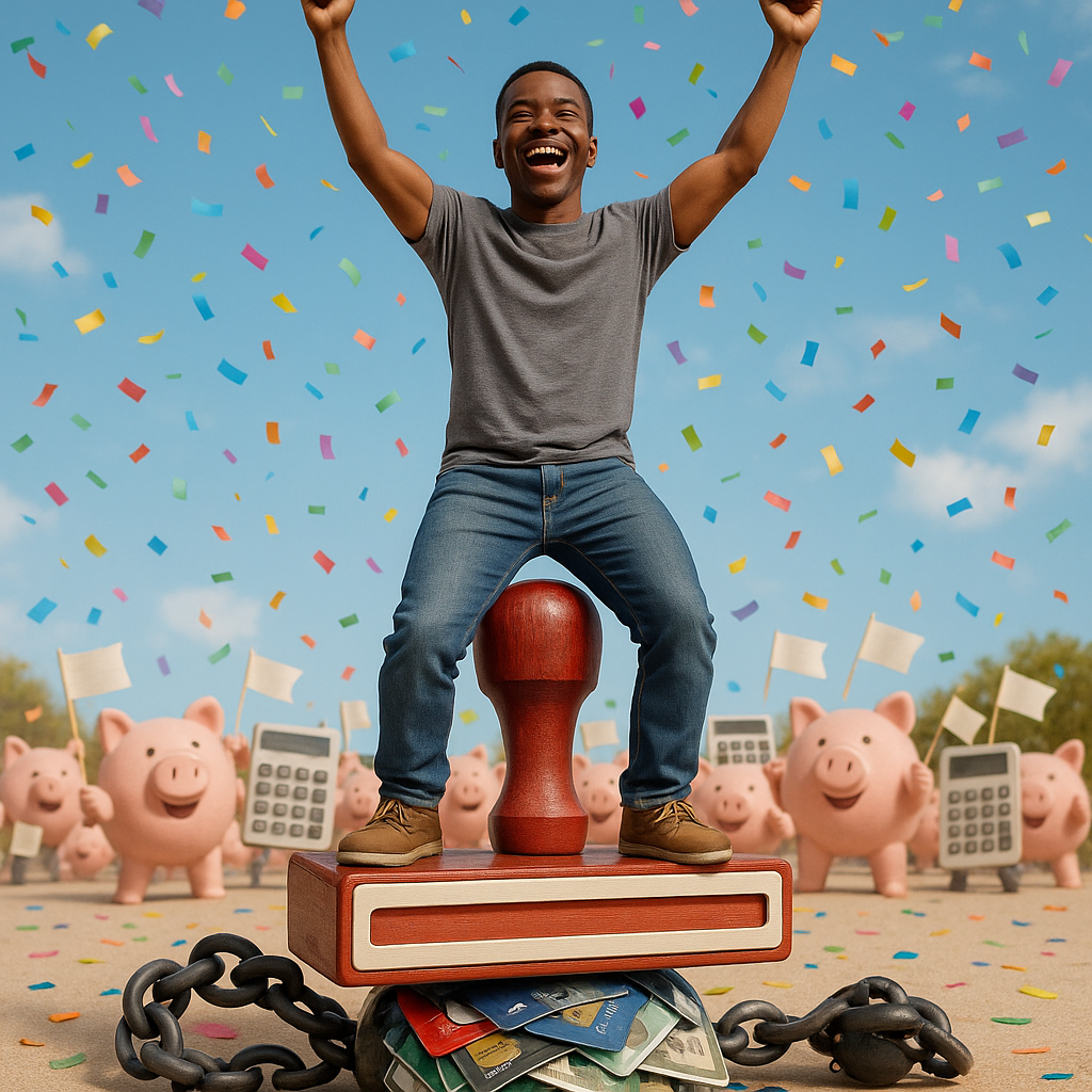 A joyful person standing on top of a giant “PAID IN FULL” stamp that’s crushing a cartoon-sized ball and chain made of credit cards and bills. Confetti rains down from the sky, and in the background, a cheering crowd of piggy banks and calculators waves little flags