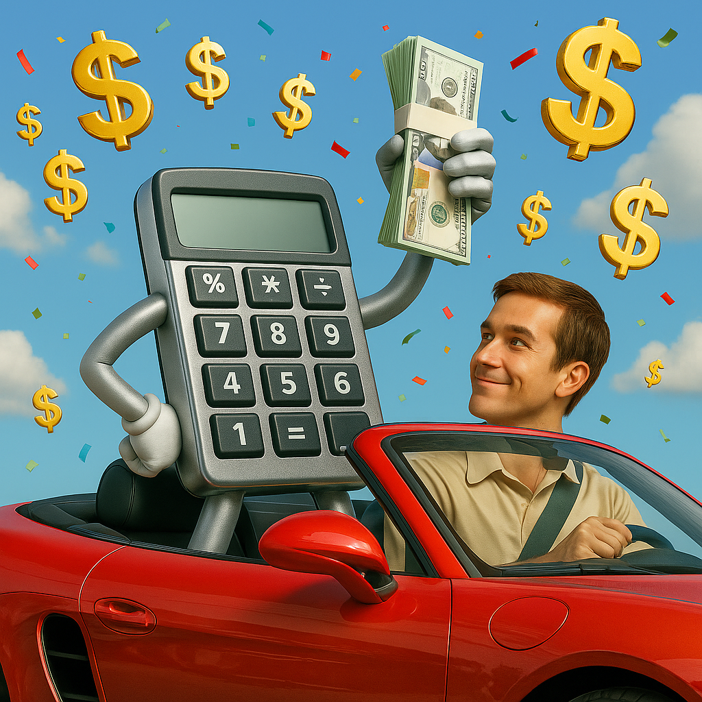 A giant, gleaming calculator riding shotgun in a convertible sports car, holding a stack of cash like it’s a trophy, while golden dollar signs float in the sky. The driver (a human) looks over at the calculator with admiration, as confetti rains down from above.