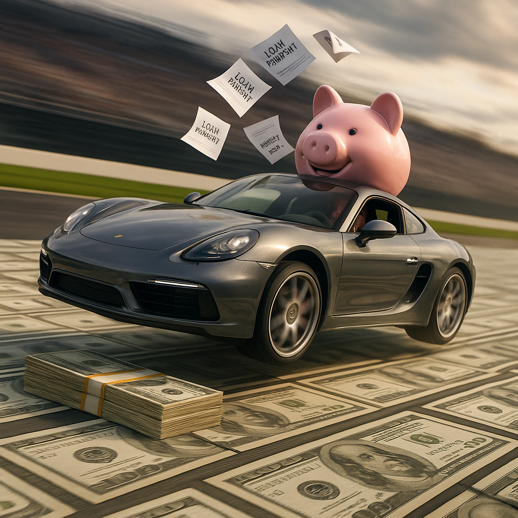A gleaming sports car zooming down a racetrack made entirely of giant dollar bills, with stacks of cash as speed bumps that it’s sailing over. In the passenger seat, a giant smiling piggy bank is tossing “Loan Payment” papers into the air like confetti