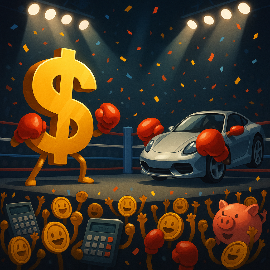A cartoonishly large sports car trying to leave a parking lot, but a giant “Fee Monster” made of dollar bills is blocking the exit, holding a clipboard labeled “Prepayment Penalty.” The car’s driver looks frustrated, while tiny calculators in the background are pointing and laughing. No text.