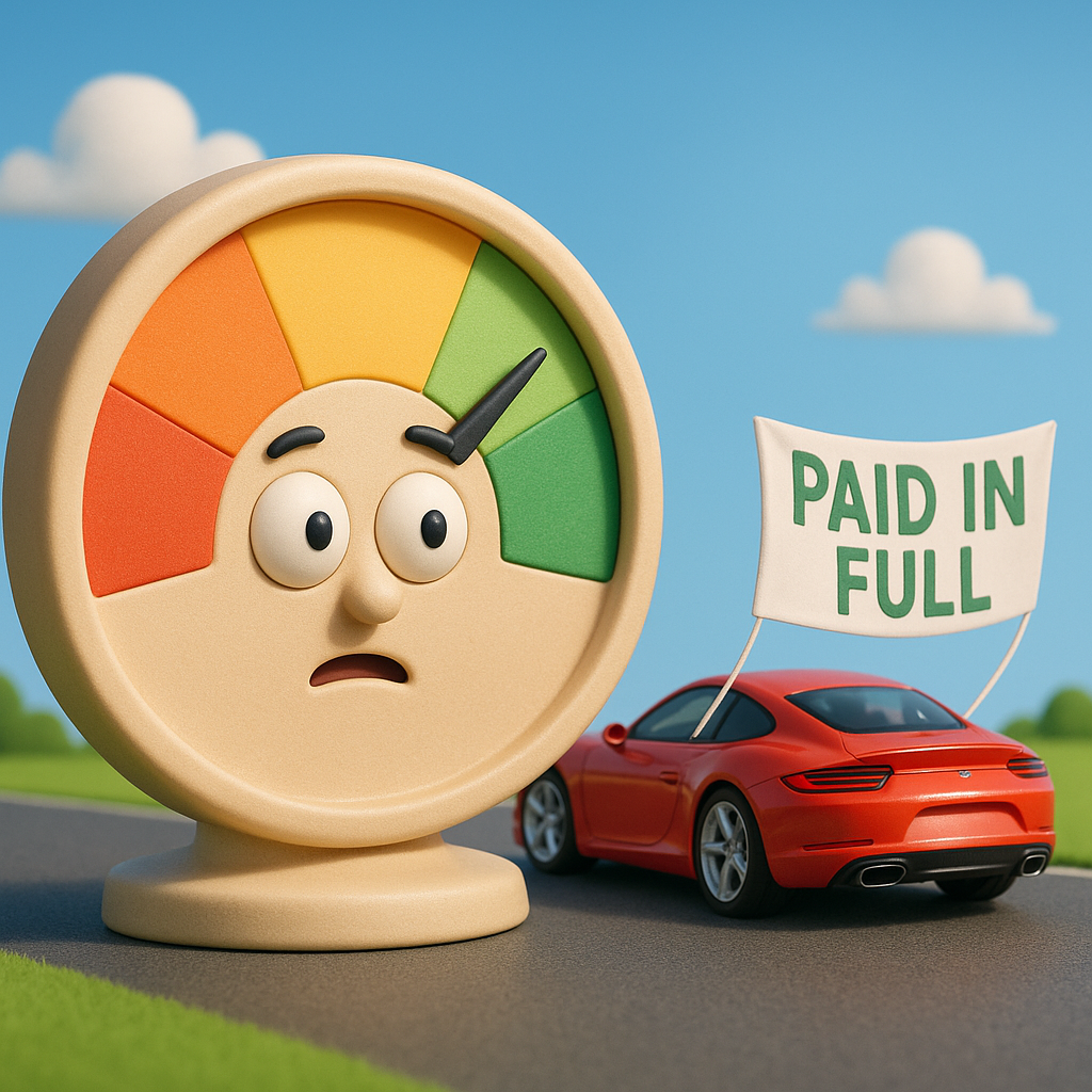 A giant credit score gauge with the needle hovering in the “good” zone, while a shiny sports car drives away holding a “Paid in Full” banner. The gauge looks mildly surprised, as if it wasn’t expecting the car to leave. Bright, playful colors. No text.