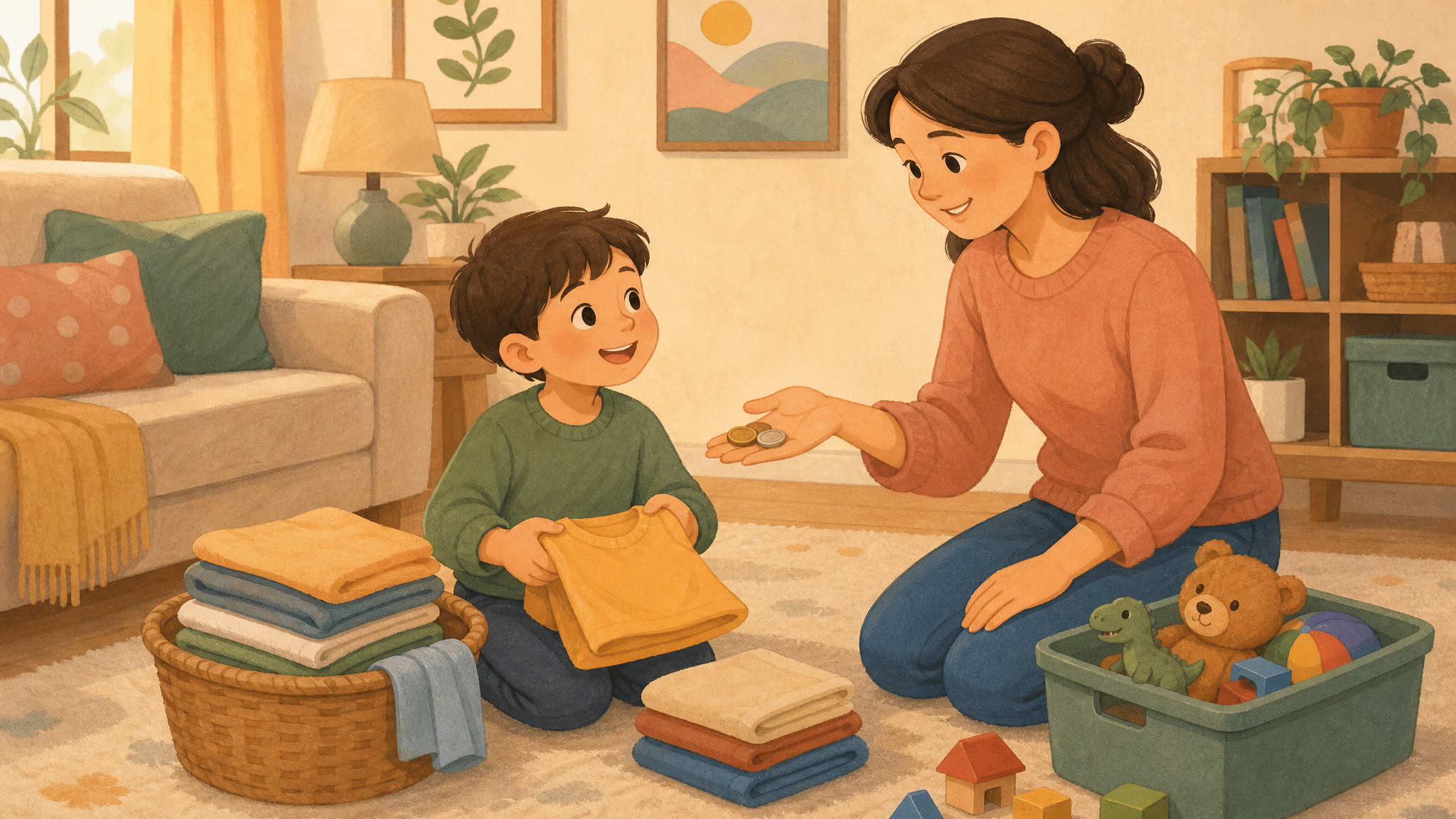 Child doing chores and receiving allowance