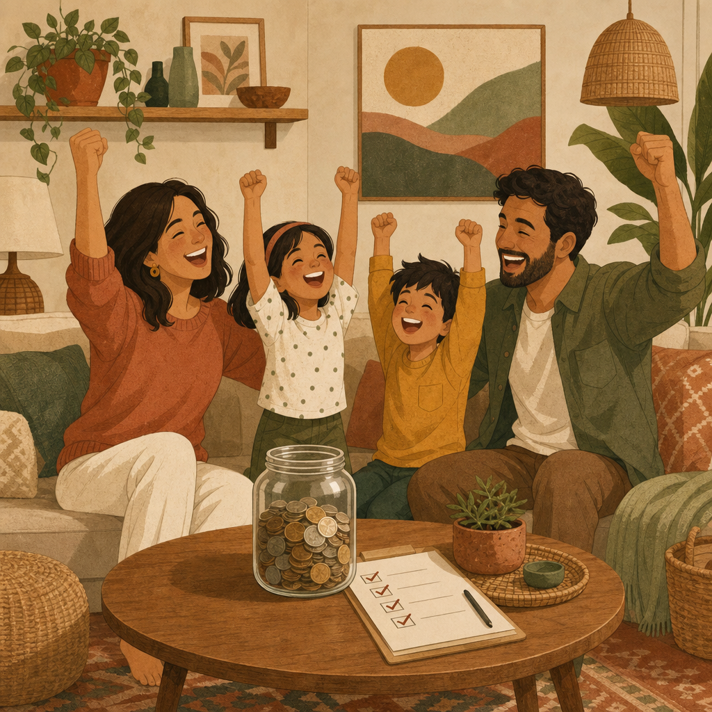 Family of four celebrating together in living room after becoming debt-free