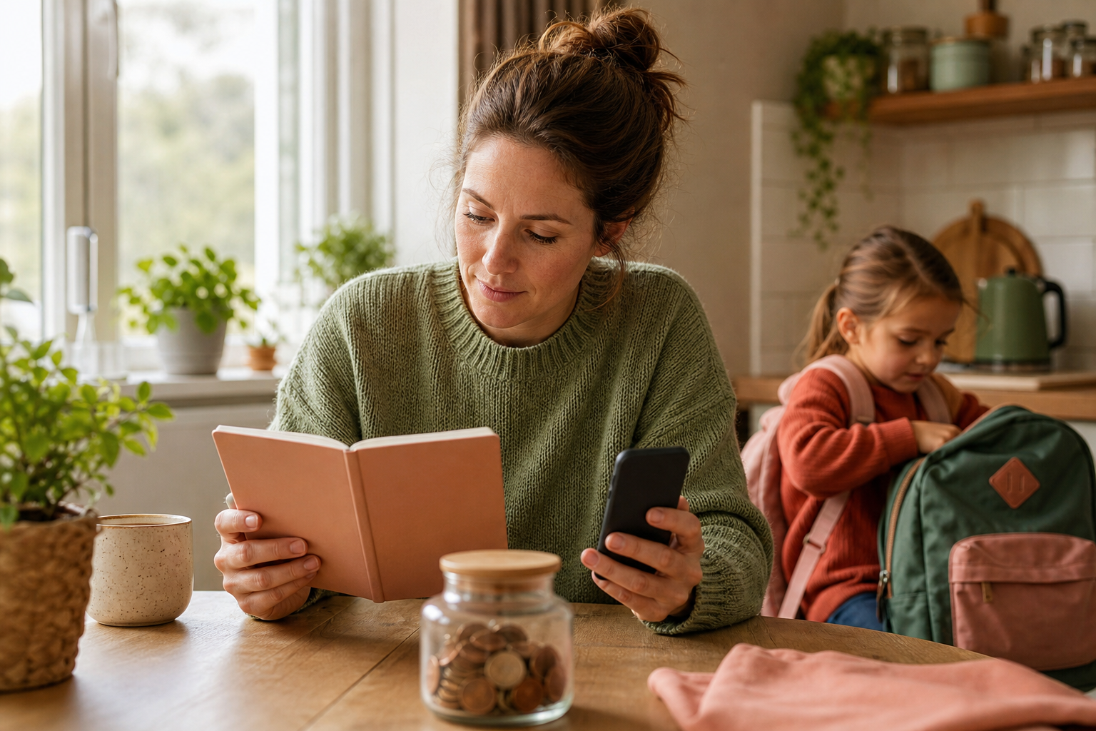 Busy parent planning simple money habits at a kitchen table with family budget notes