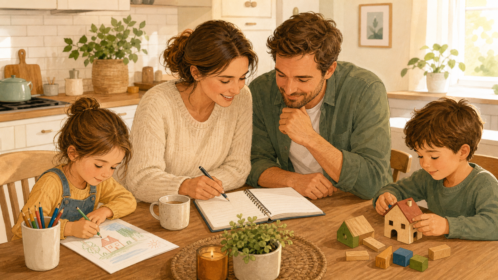 Parents reviewing a simple family budget at the kitchen table