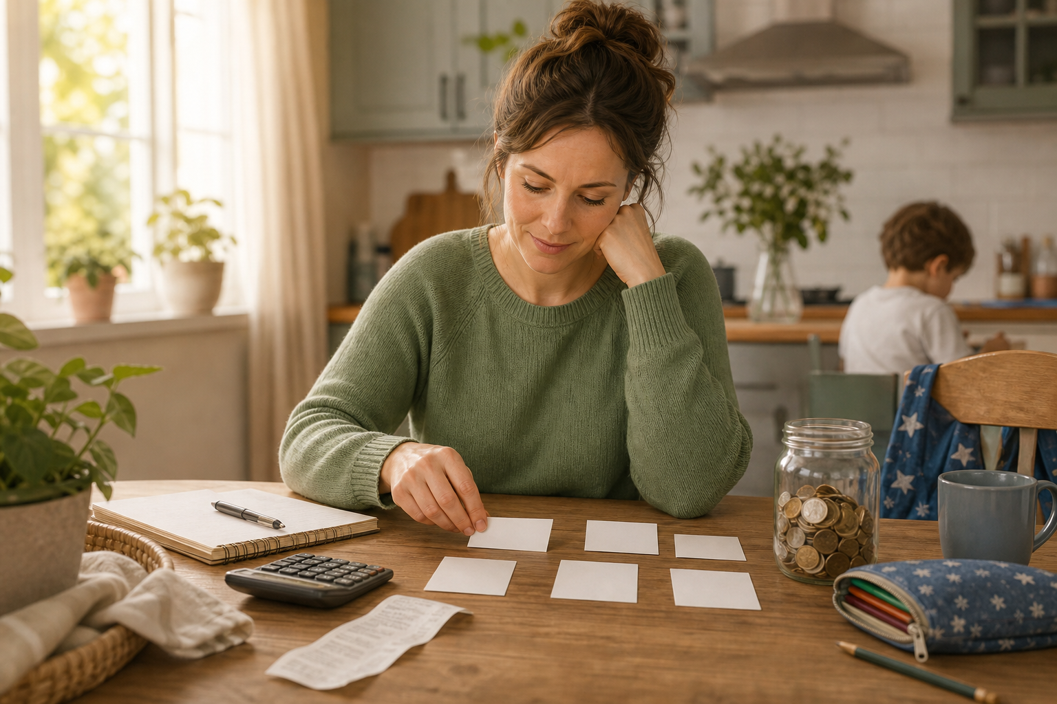 Parent sorting a simple family budget into practical categories at a kitchen table