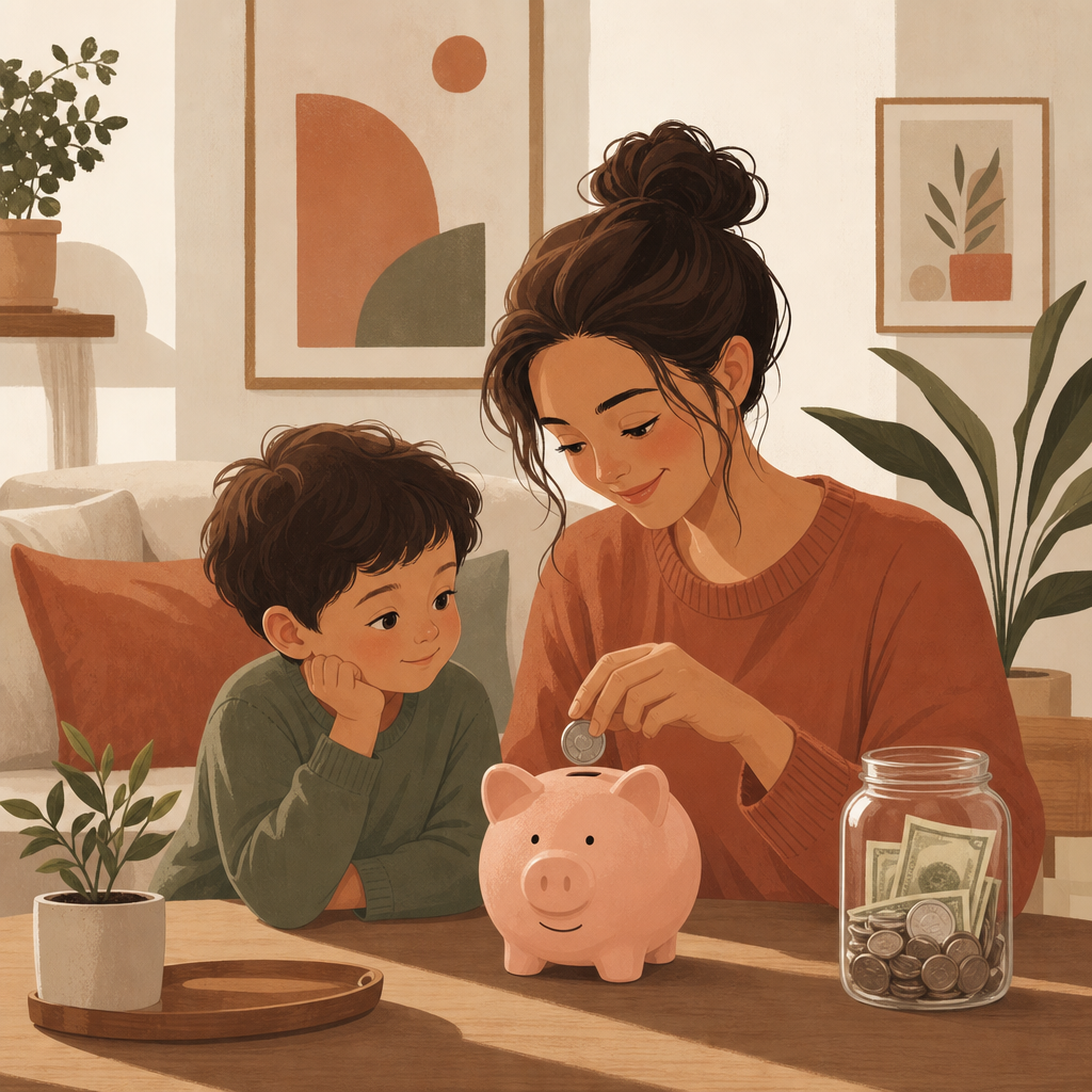 Parent building a family emergency fund at home