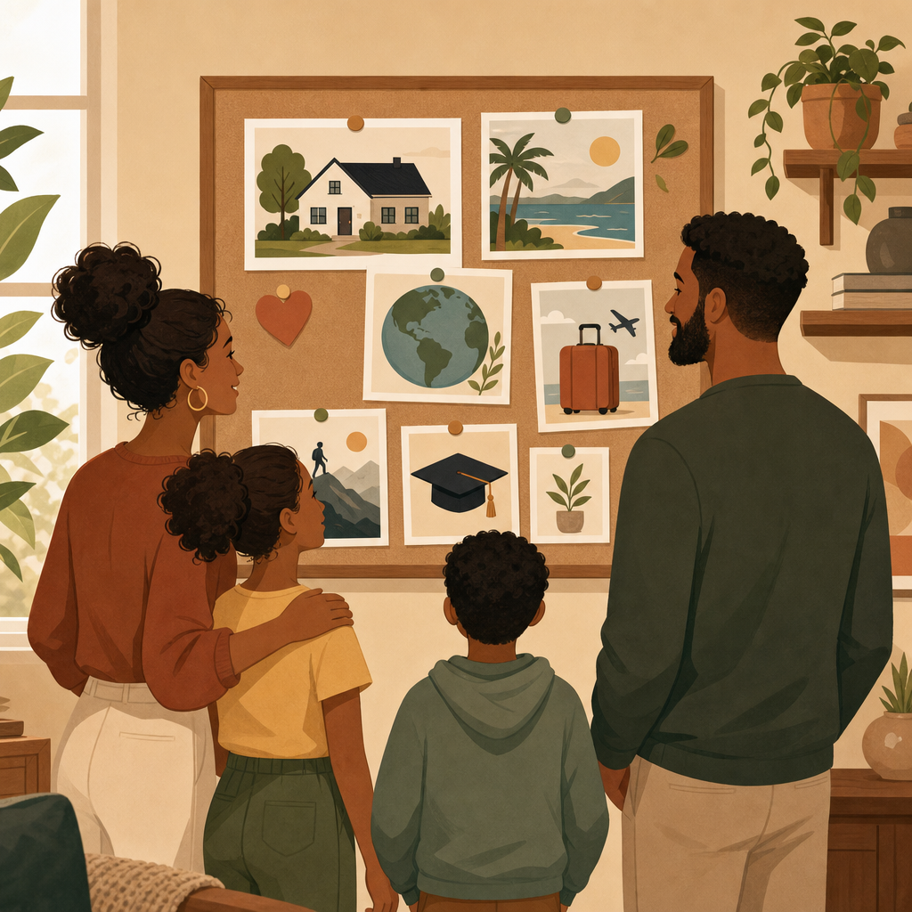 Family looking at a goal chart on the wall together — family financial goals