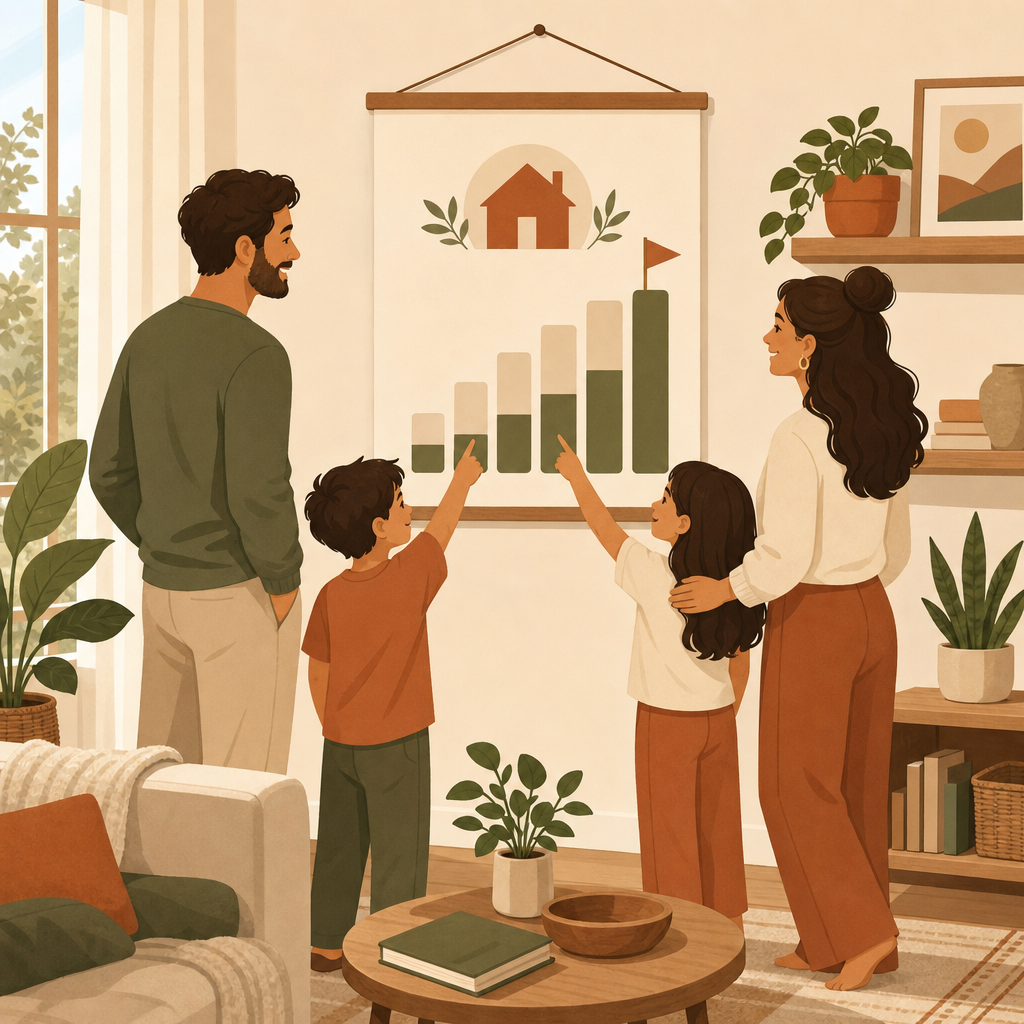 Family tracking their savings challenge progress chart at home