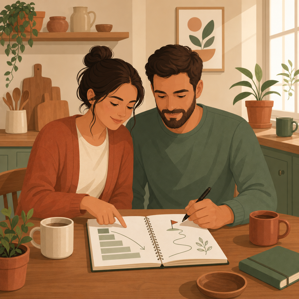 Couple sitting at kitchen table reviewing a debt payoff plan together