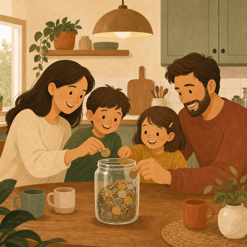 Family saving money together at kitchen table