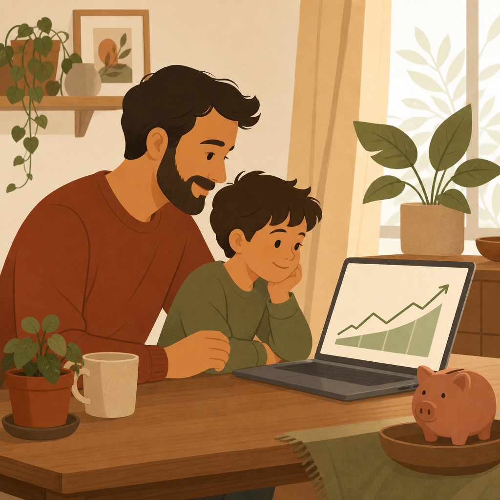 Parent and child looking at an upward-trending graph on a laptop — how to start investing as a family