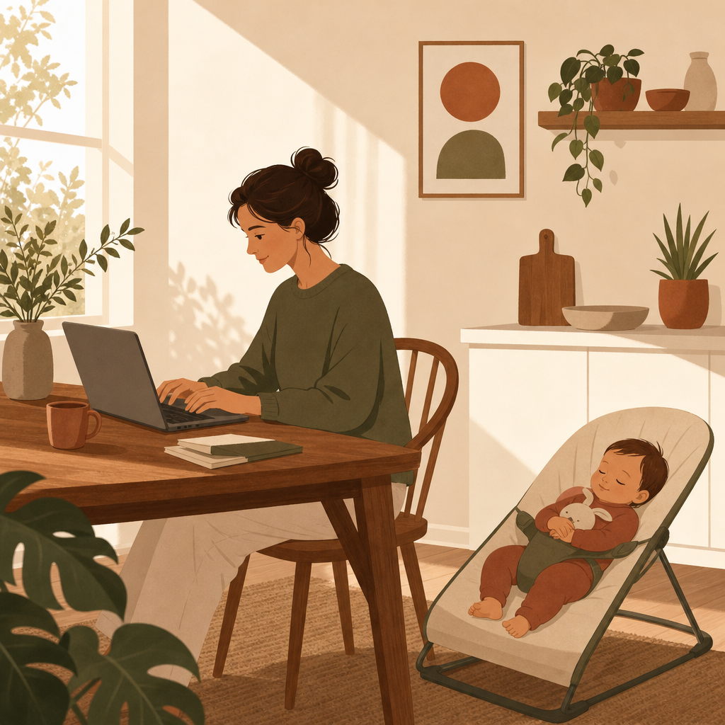 Parent at home desk with laptop, baby in bouncer nearby, warm morning light
