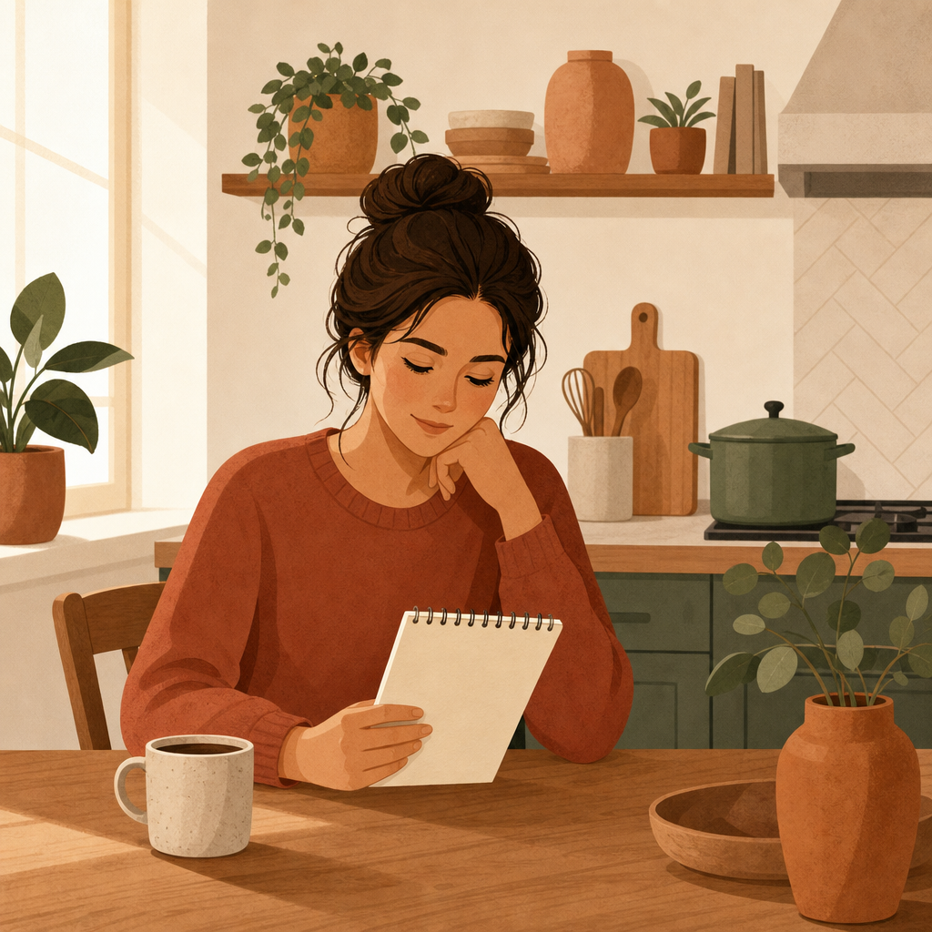 Parent reviewing money saving list at kitchen table
