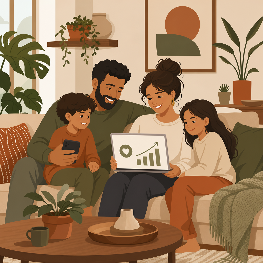 Family relaxed on couch with phone showing steady earnings notification, calm and comfortable home
