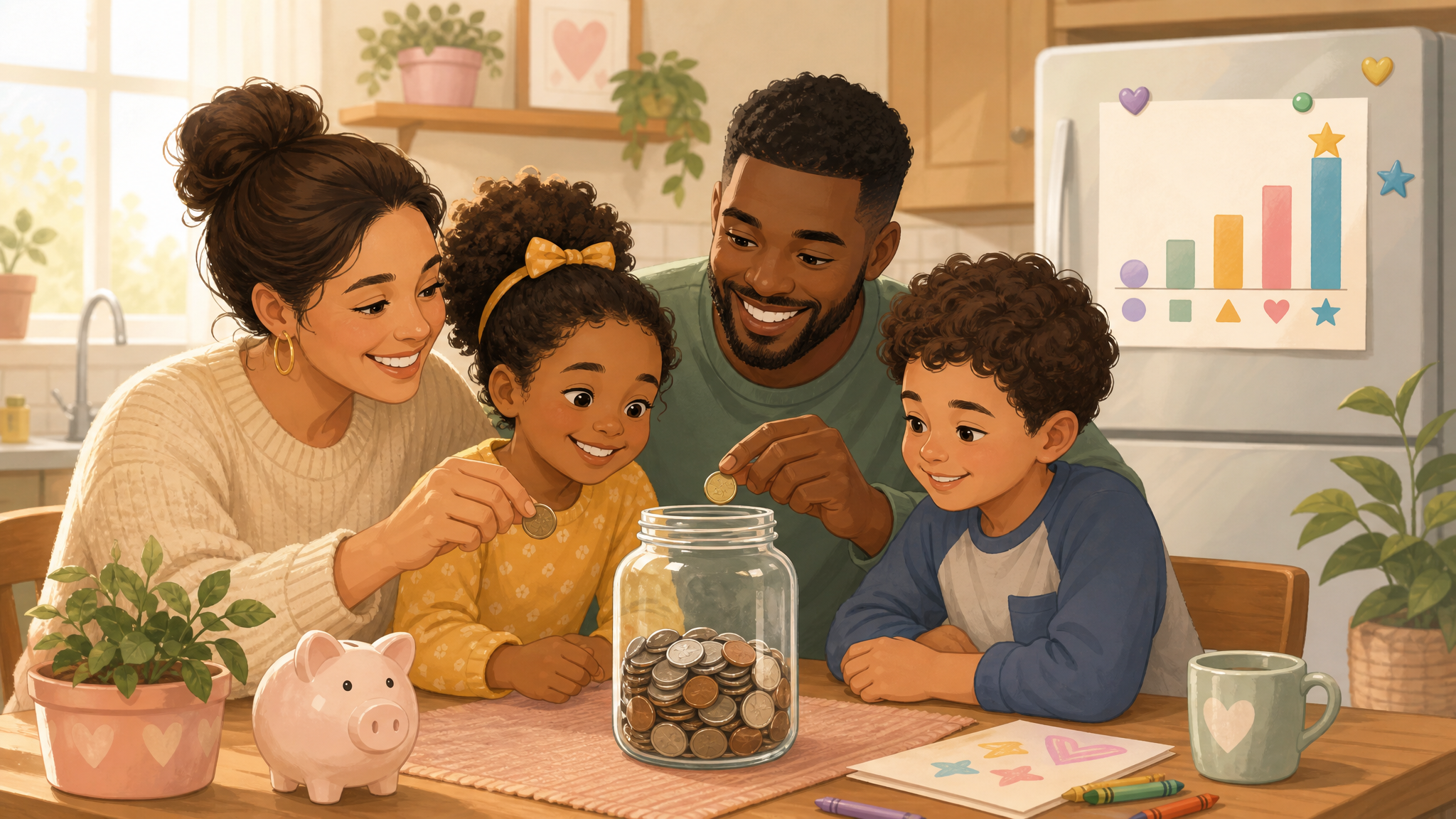Family savings challenge jar filling with coins