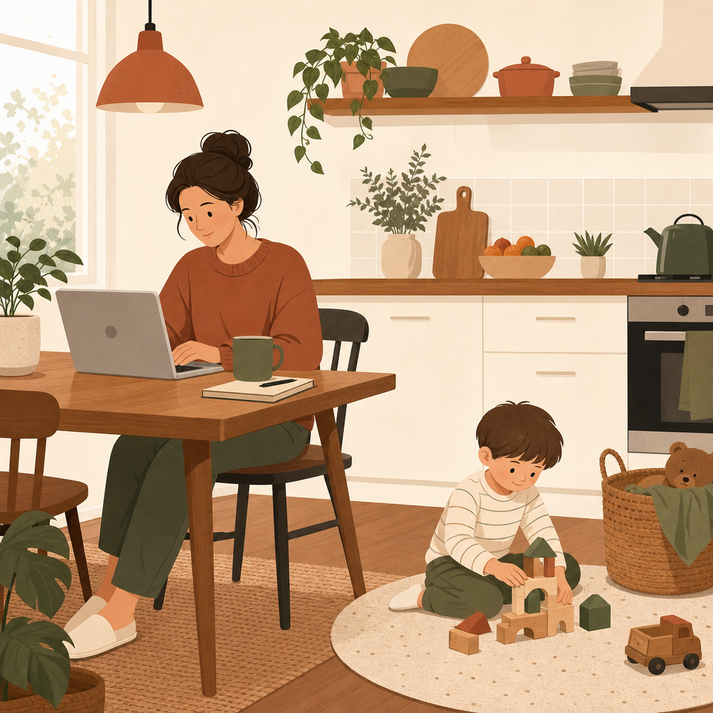 Parent working on laptop at kitchen table while child plays nearby