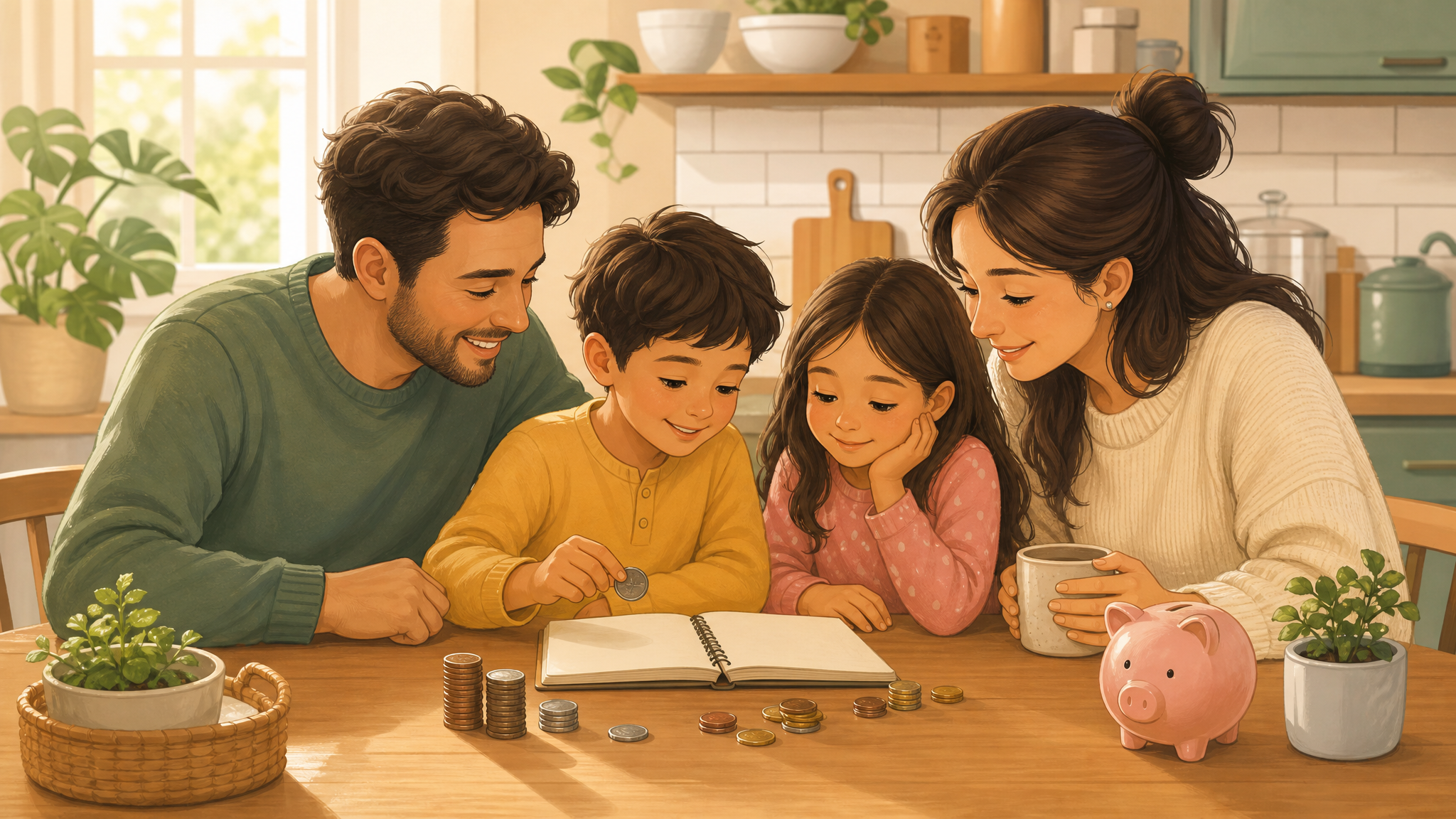 Family sitting together at a kitchen table with a simple budget notebook