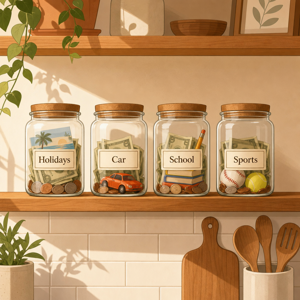 Labeled glass sinking fund jars on kitchen shelf