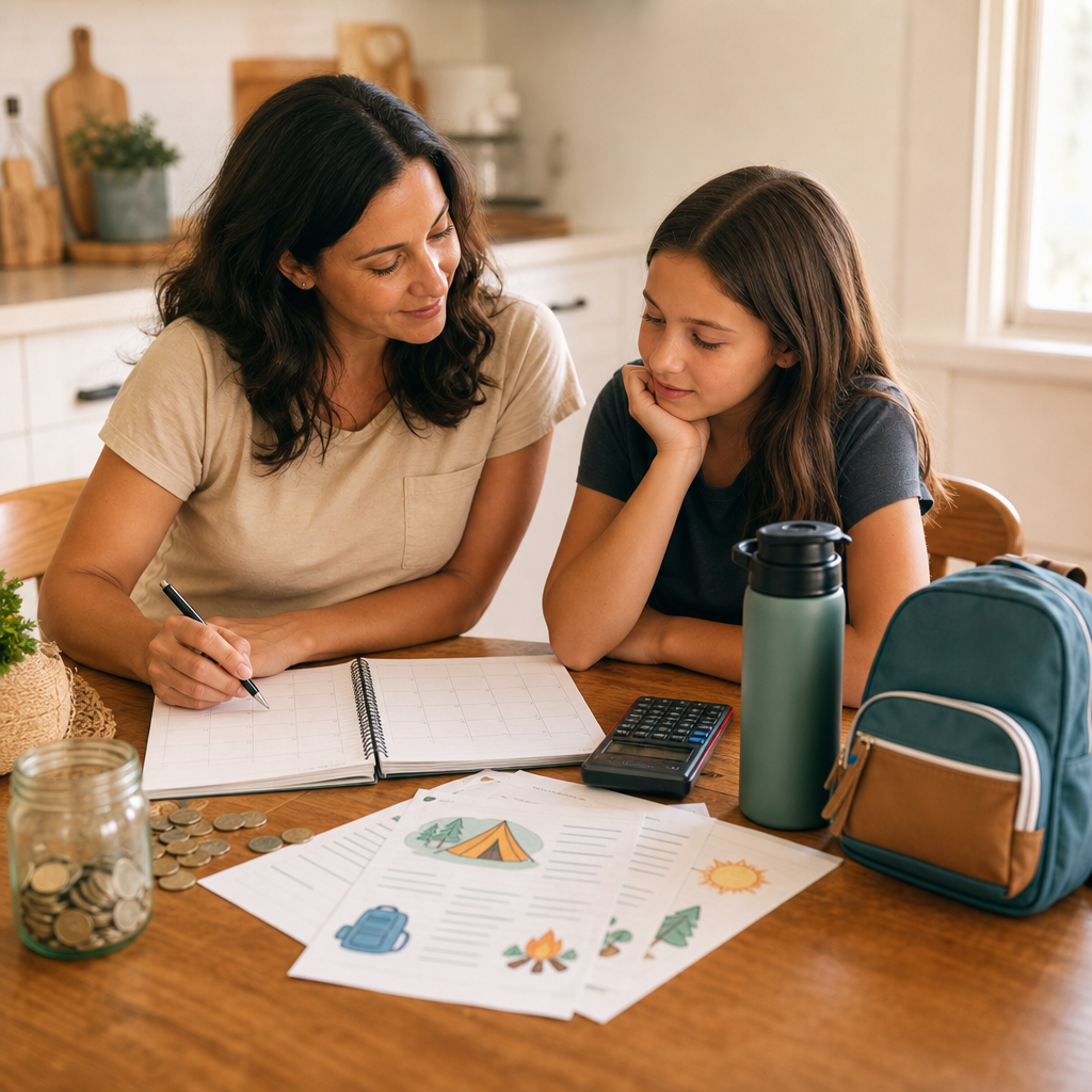 Family planning summer camp costs with calendar and calculator