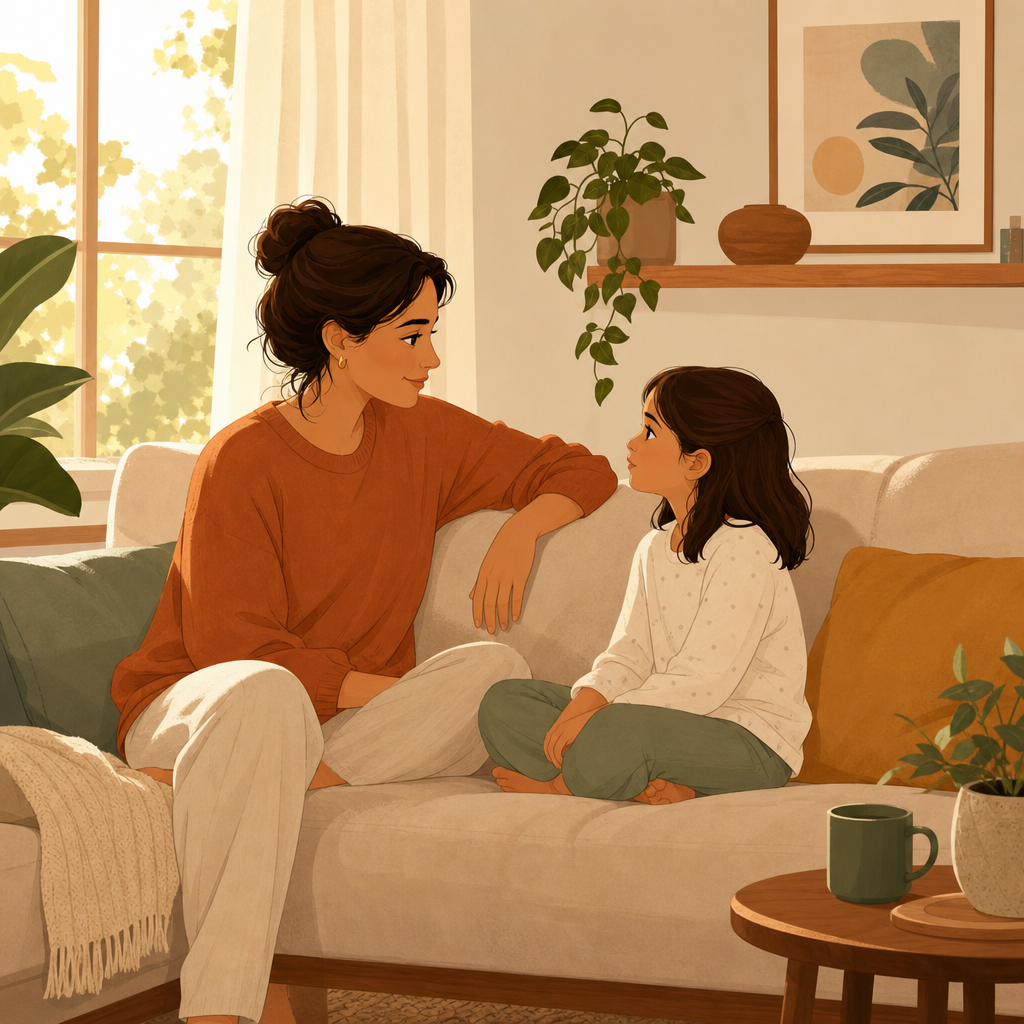 Parent and child having a calm conversation on a couch about family finances