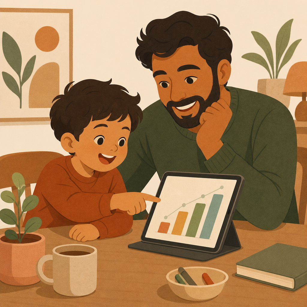 Parent and child excitedly looking at a chart on a tablet — teach kids about investing