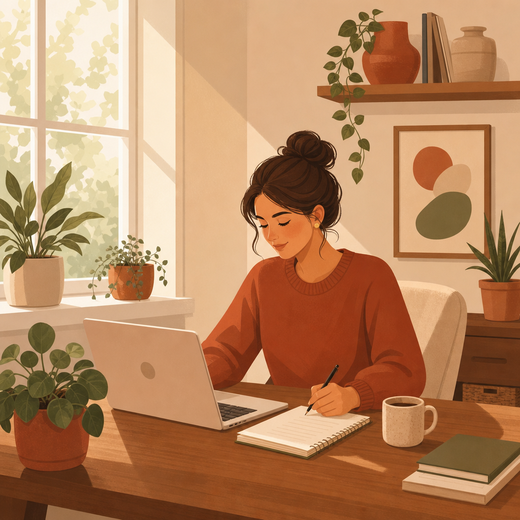 Mom working at desk by window with laptop and notepad, plants and warm light